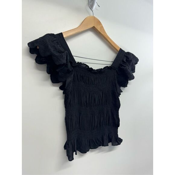 AQUA Eyelet Cropped Top Flutter Sleeve Size Extra Small Black 100% Cotton NWT - Picture 4 of 8